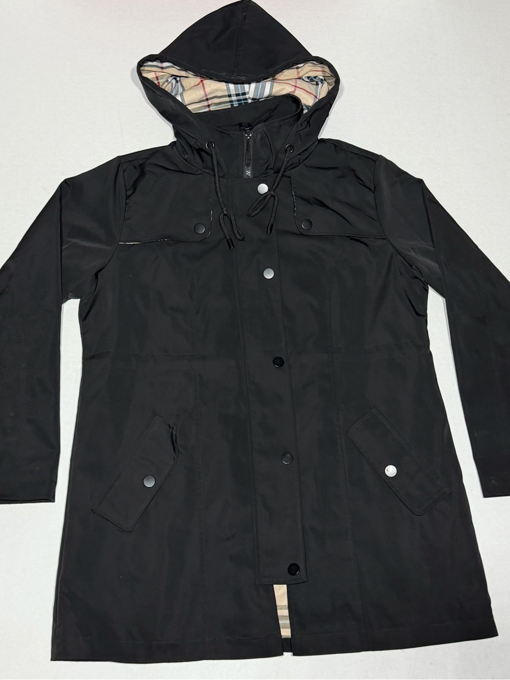 Saphirose Black Hooded Jacket with Plaid Lining